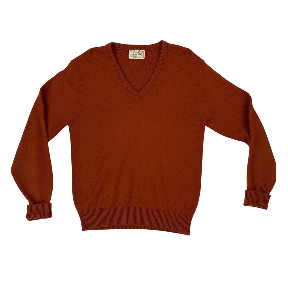 Vintage Lord Jeff Mens V-Neck Sweater Rust Brown Acrylic Wool Blend USA Medium